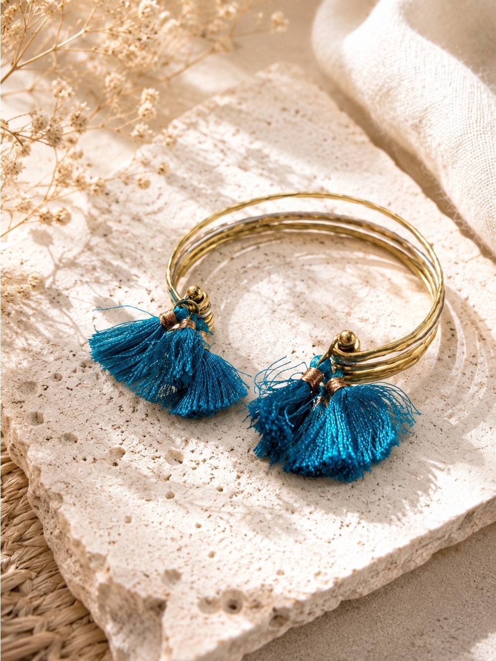 Noonday Collection Blue Tassel Bracelet Gold Tone Boho Artisan Stackable Bangle